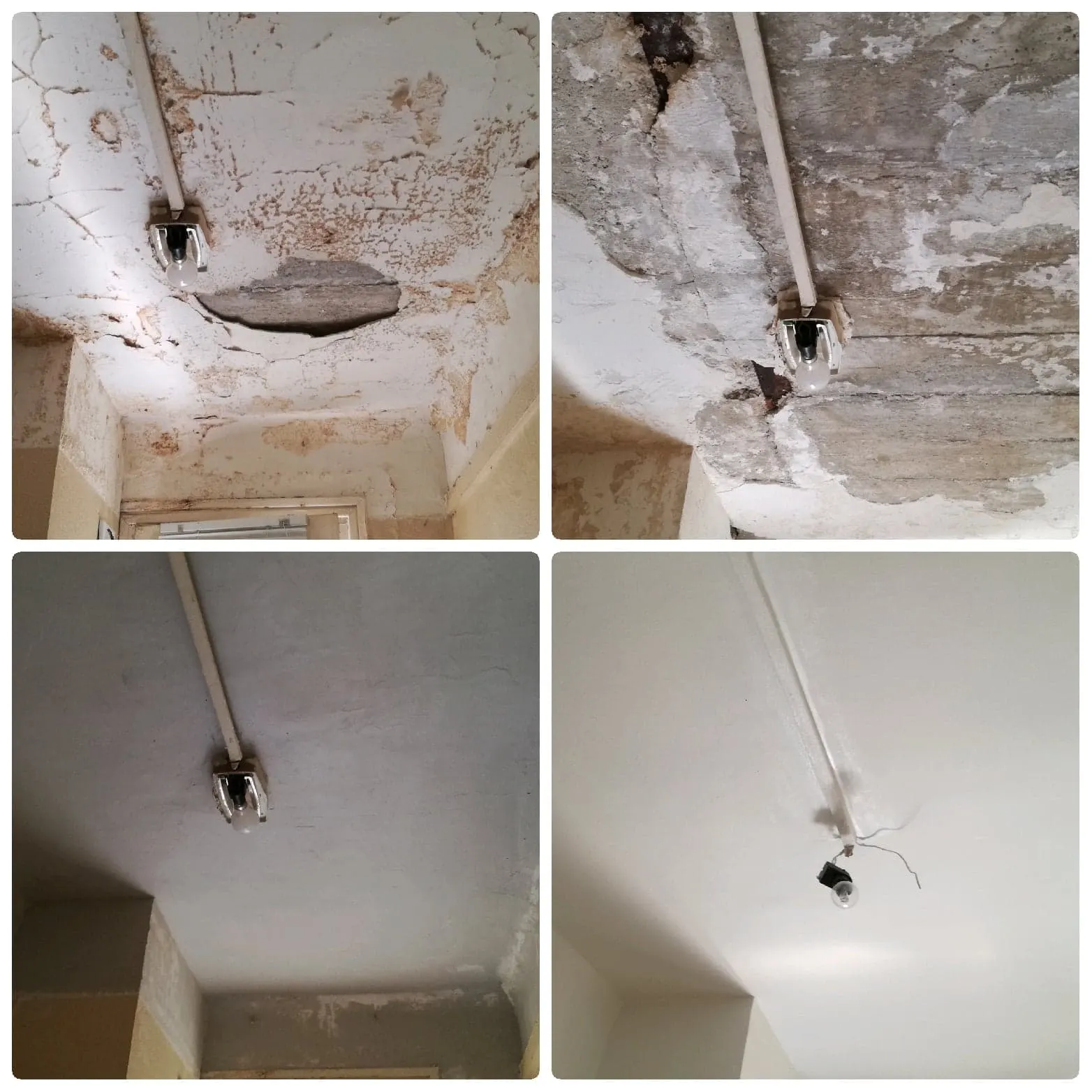 Avant et après restauration suite à dégât des eaux - plafond endommagé restauré par PEINTURE TOULON