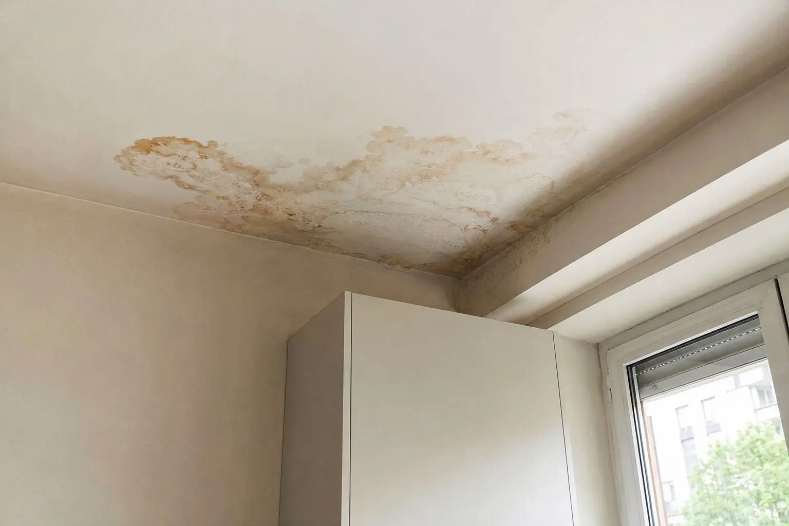 Plafond d'appartement marqué par une large auréole brune après un dégât des eaux, avant remise en peinture