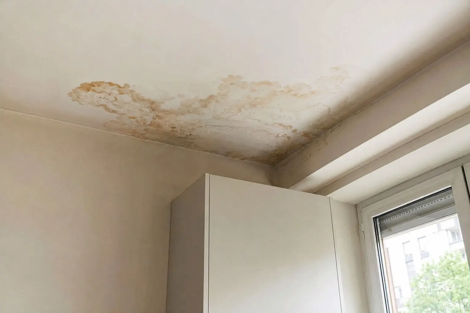 Plafond d'appartement marqué par une large auréole brune après un dégât des eaux, avant remise en peinture